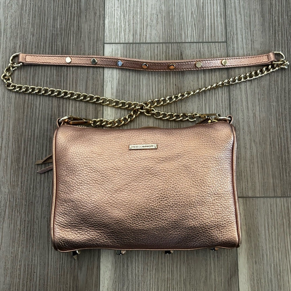 REBECCA MINKOFF ROSE GOLD 3 Zip crossbody purse, gold hardware